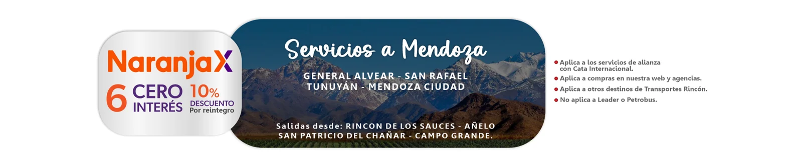 Servicios a Mendoza con Naranja X: 6 cuotas sin interés y 10% de descuento por reintegro. General Alvear, San Rafael, Tunuyán y Mendoza ciudad.